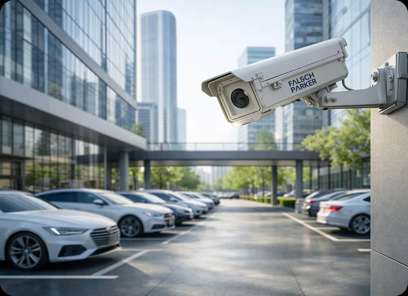 CCTV-Kamera überwacht einen modernen Parkplatz