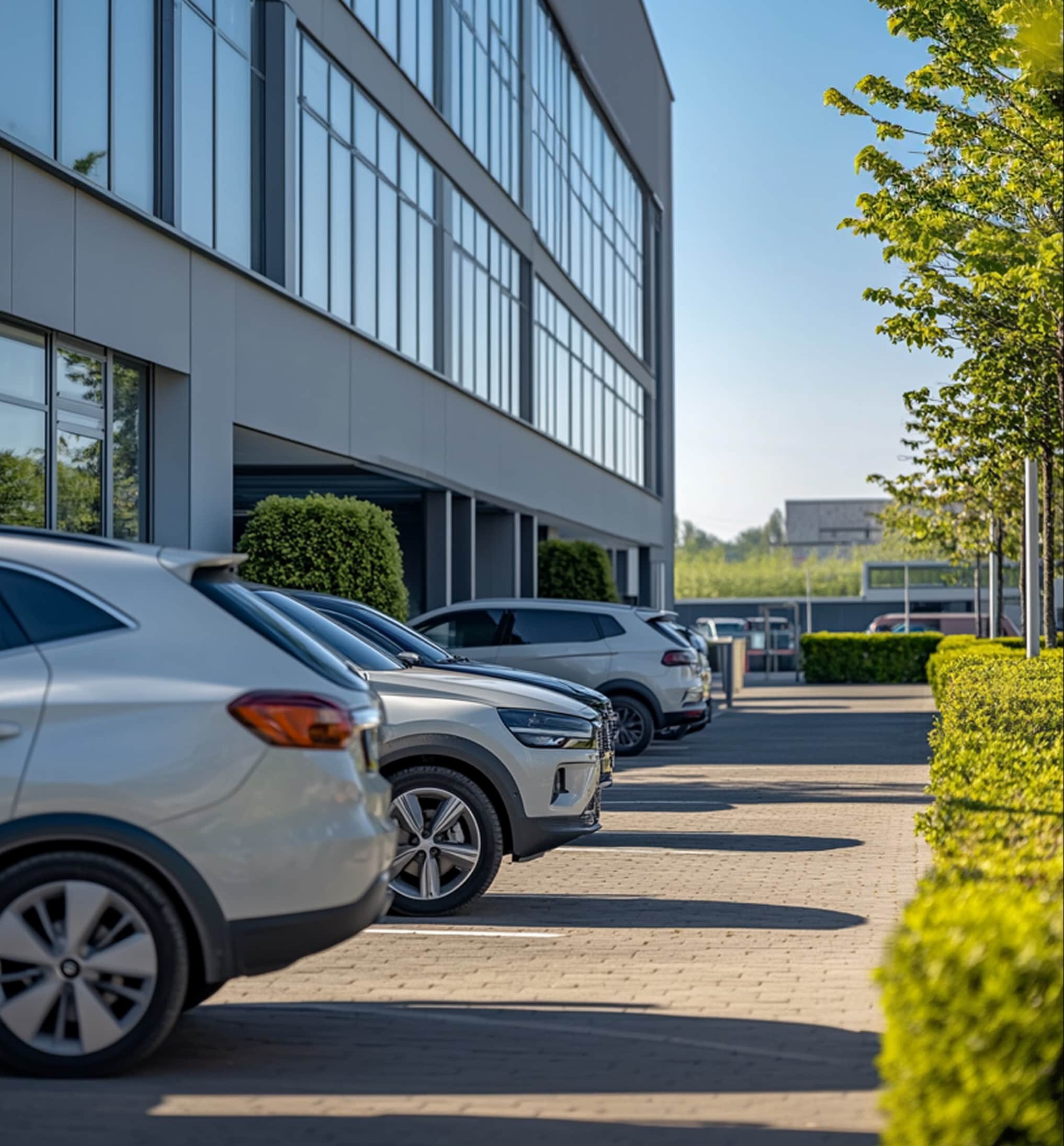 Gut gefüllter Kundenparkplatz vor einem modernen Geschäftsgebäude