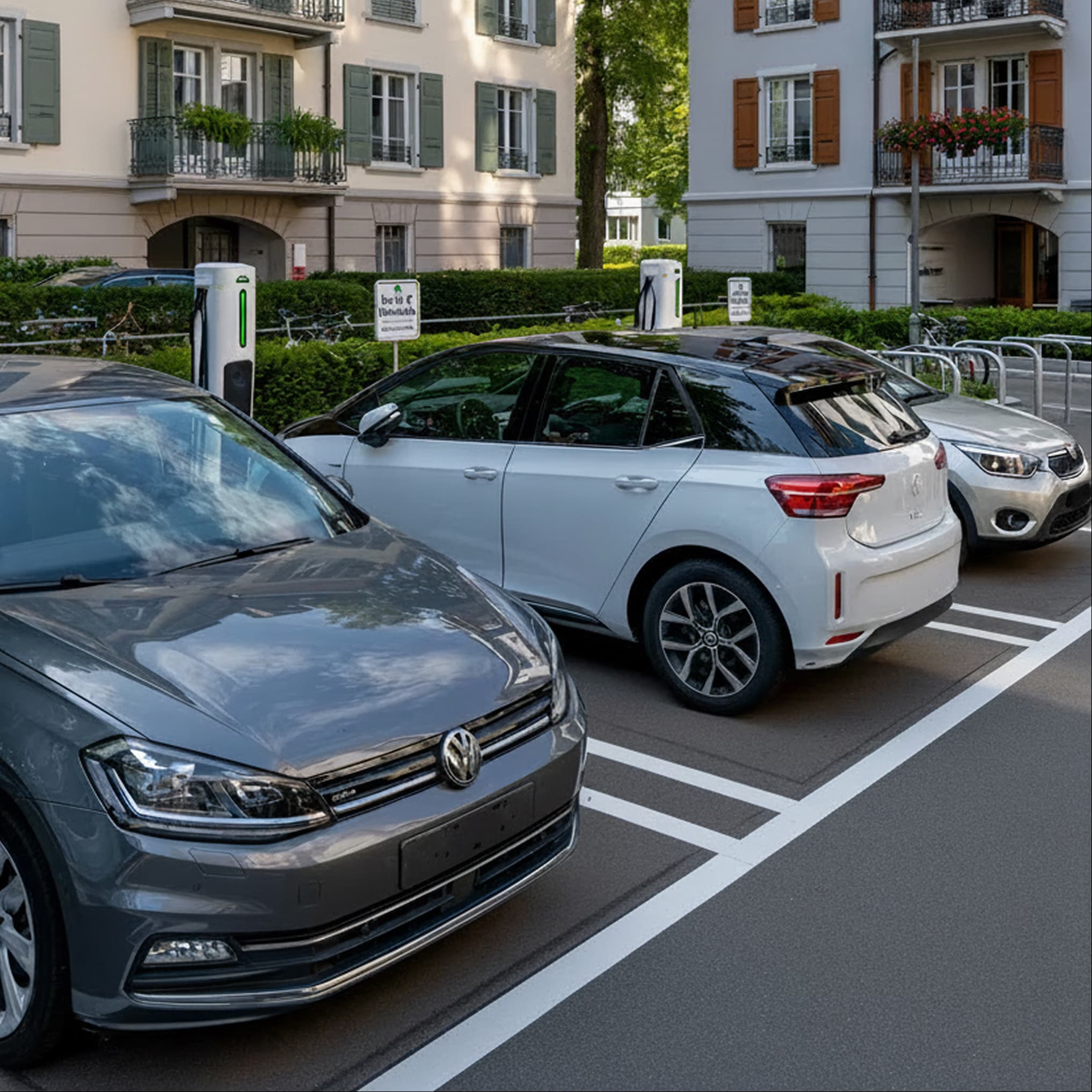 Privater Parkplatz vor einem Wohnhaus mit parkenden Fahrzeugen