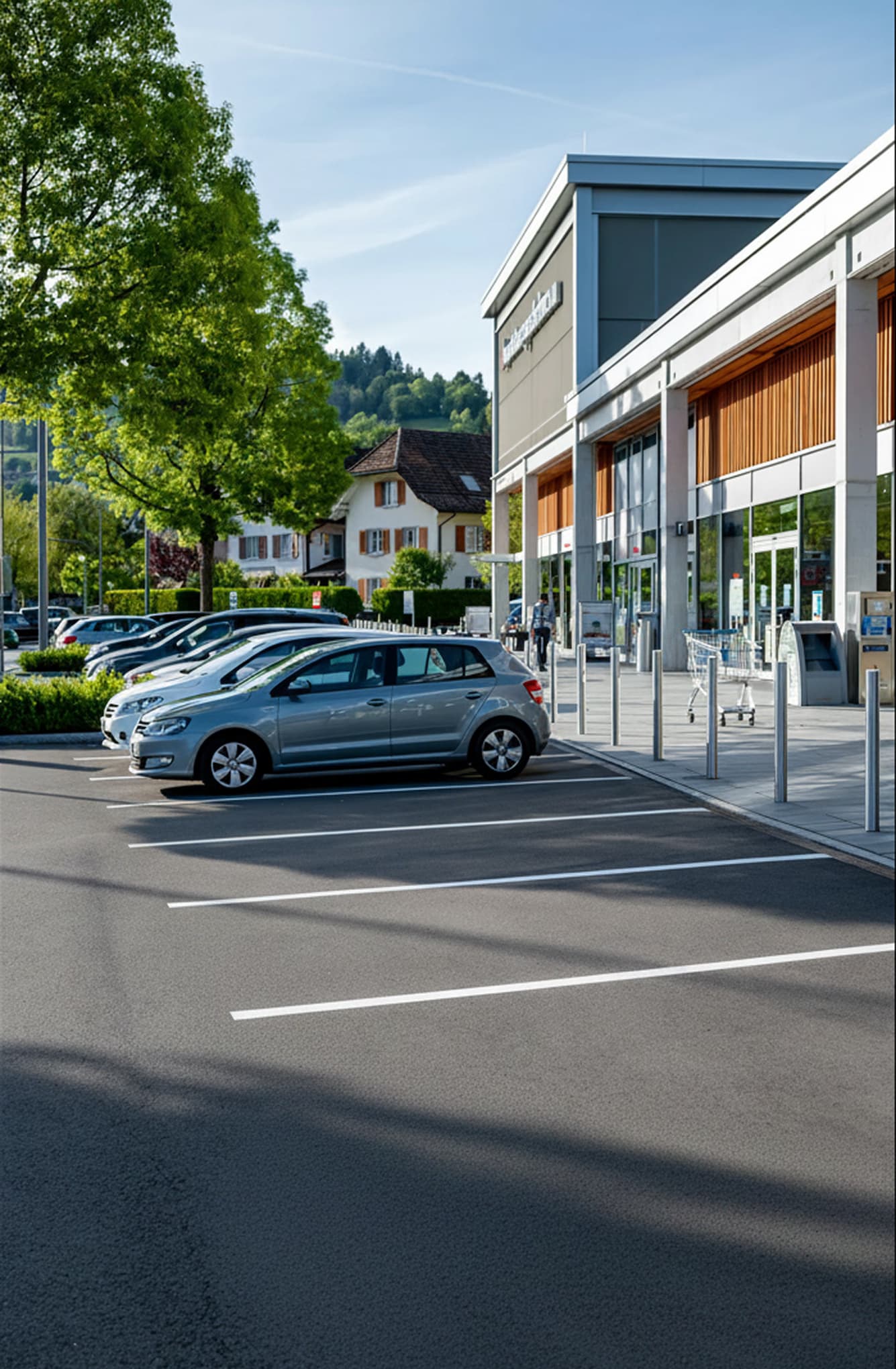Parkplatz eines Shopping Centers mit vielen Fahrzeugen