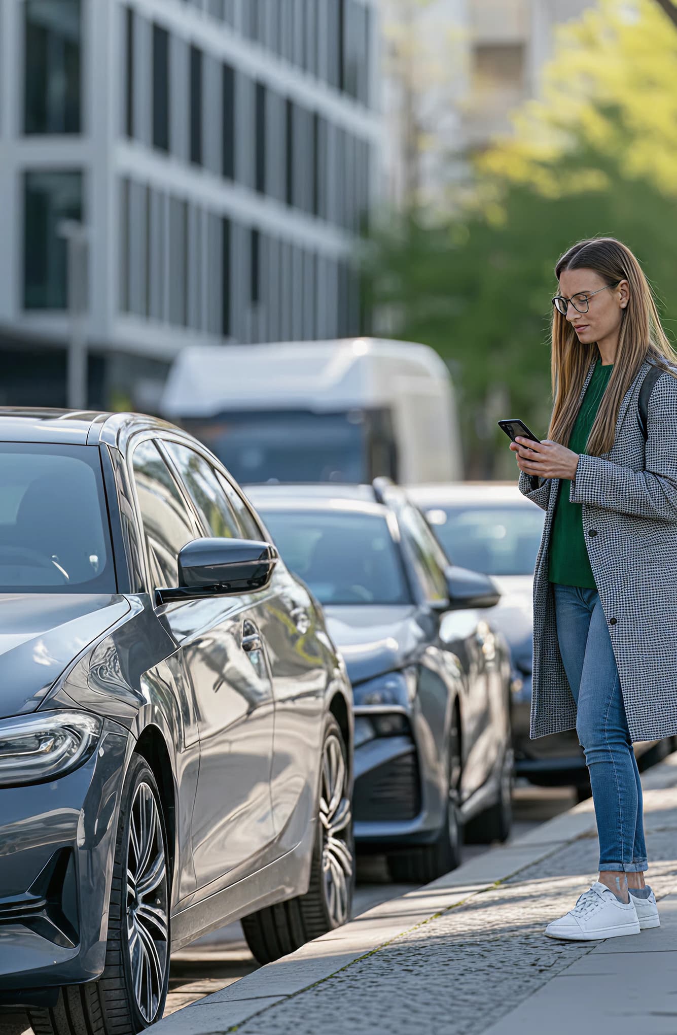 Person prüft unsicher die Rechtslage zu einem Falschparker
