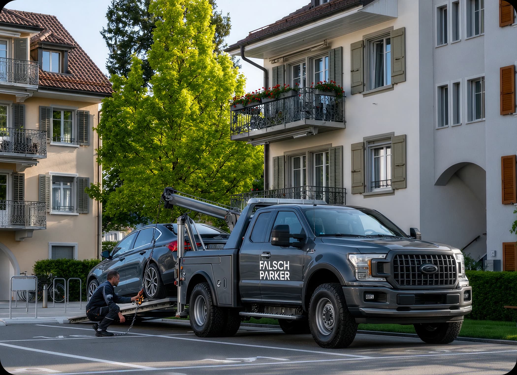 Abschleppwagen entfernt einen Falschparker von einem Privatparkplatz
