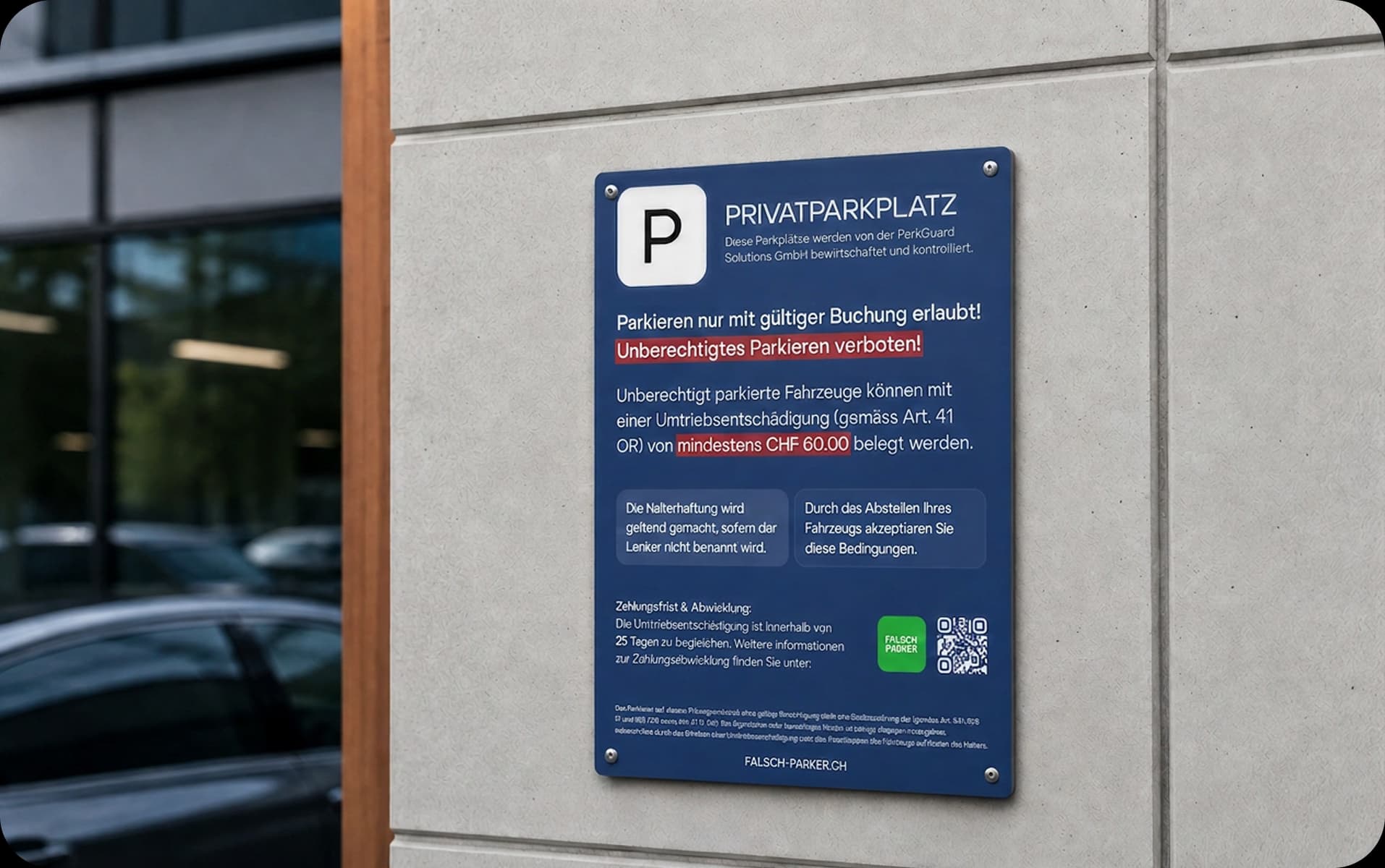 Parkverbotsschilder von FalschParker auf einem Privatparkplatz
