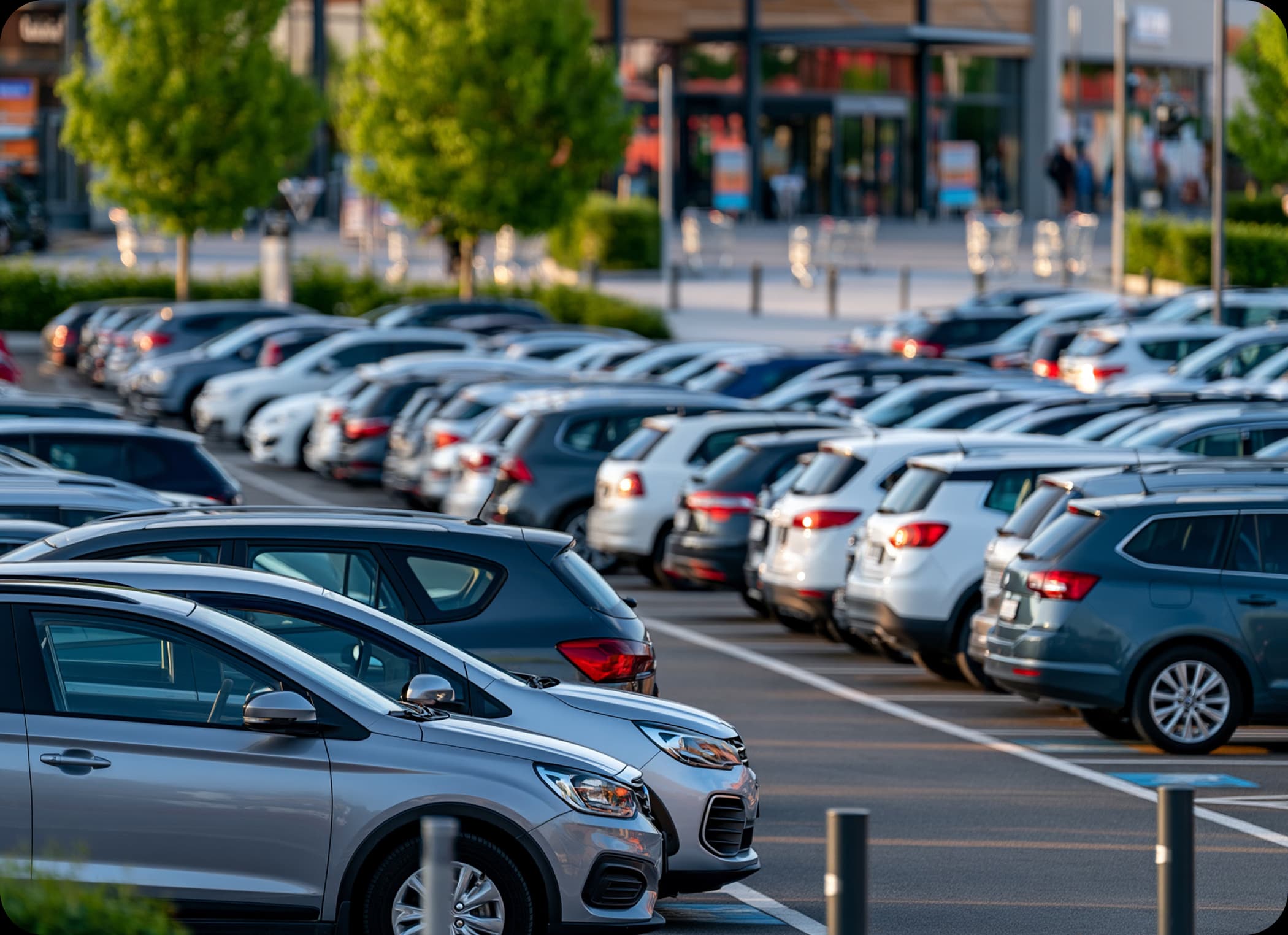 Grosser Kundenparkplatz mit vielen Fahrzeugen