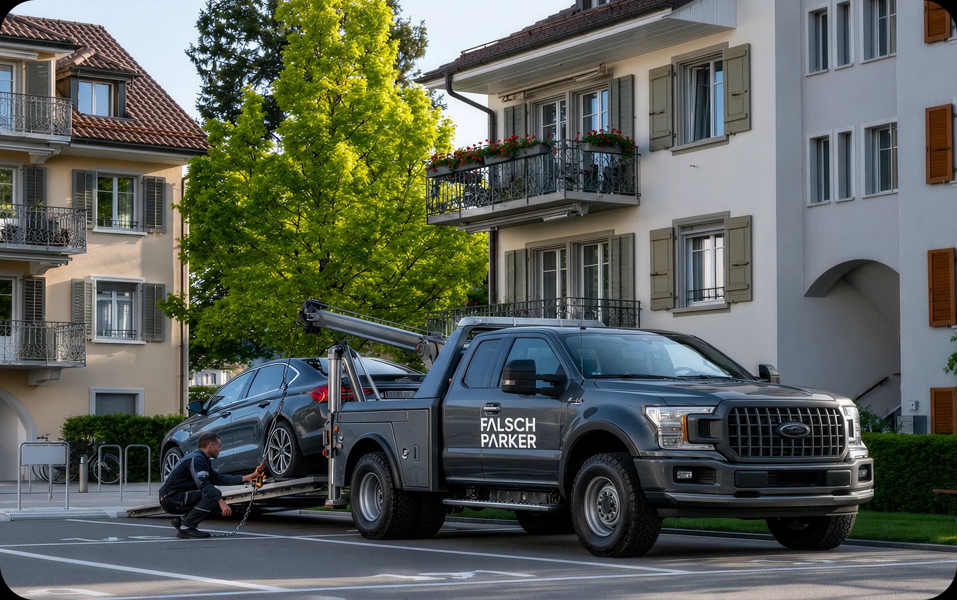 Abschleppfahrzeug im Einsatz vor einem Gebäude