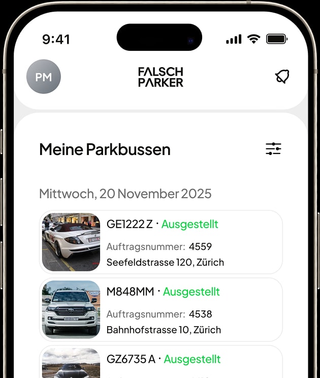 FalschParker App: ausgestellte Parkbussen in der Übersicht