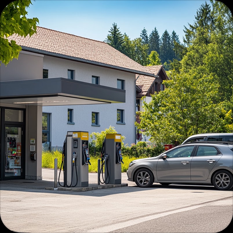 Tankstellen-Shop mit Zapfsäulen