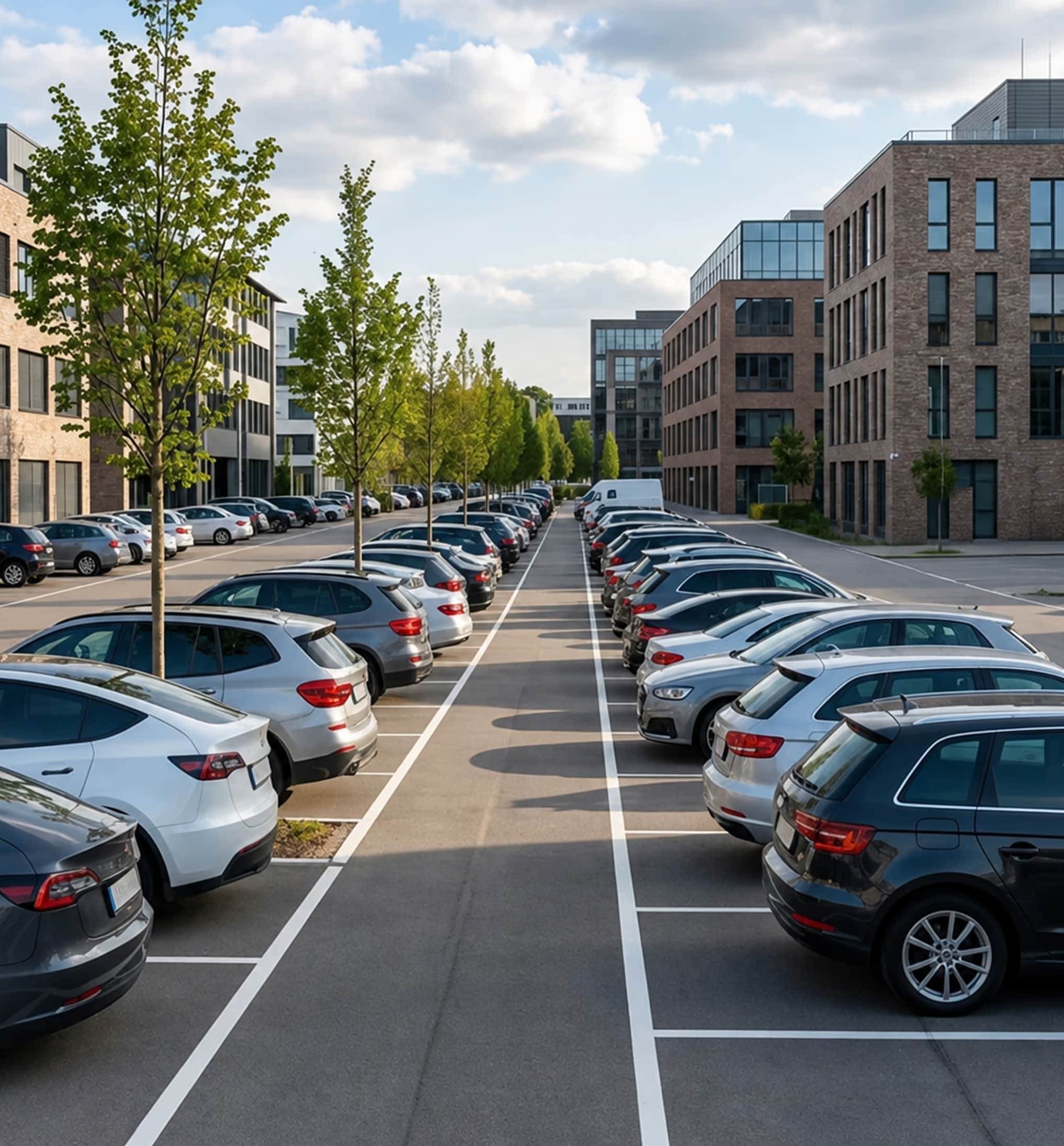 Places de parc d’entreprise avec des véhicules stationnés le long d’un immeuble de bureaux