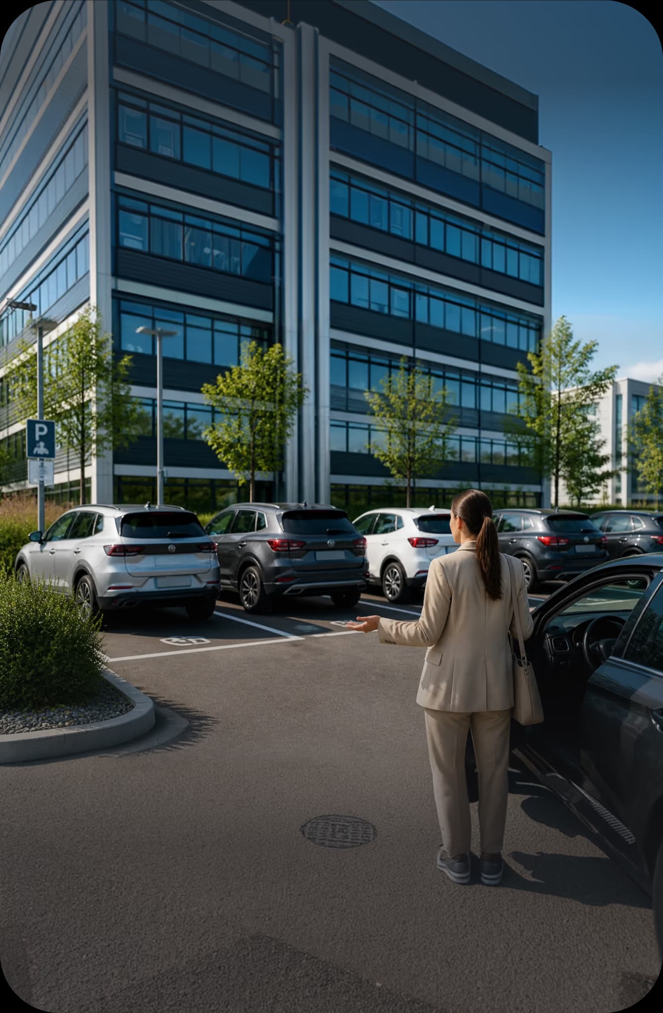 Des collaborateurs cherchent une place libre sur un parking d’entreprise complet