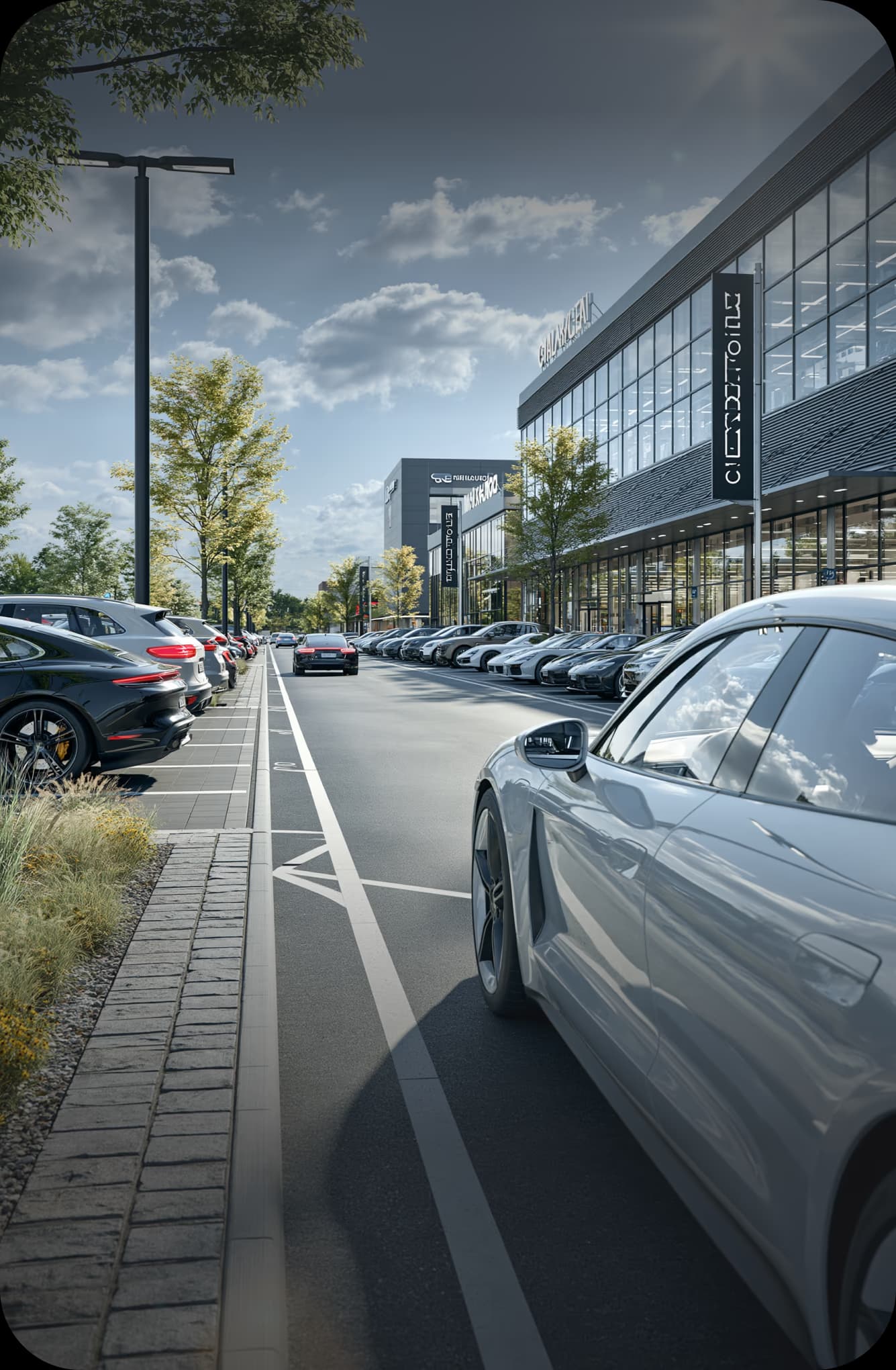 Places de parc d’un office park devant des immeubles de bureaux modernes