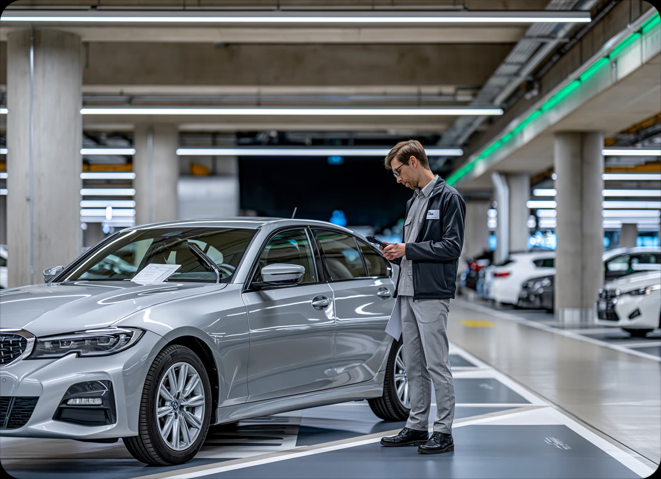 Mitarbeiter erfasst einen Falschparker in einer Tiefgarage mit dem Smartphone