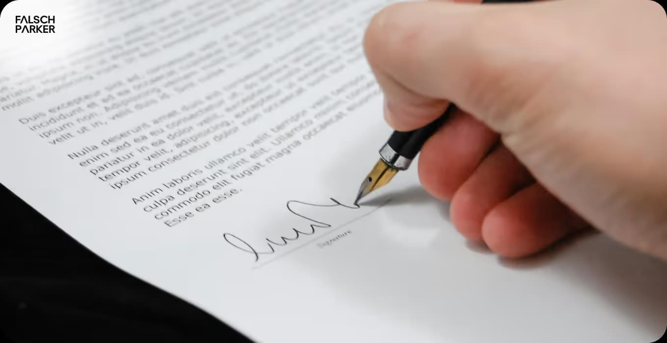 A hand signing a document with a fountain pen