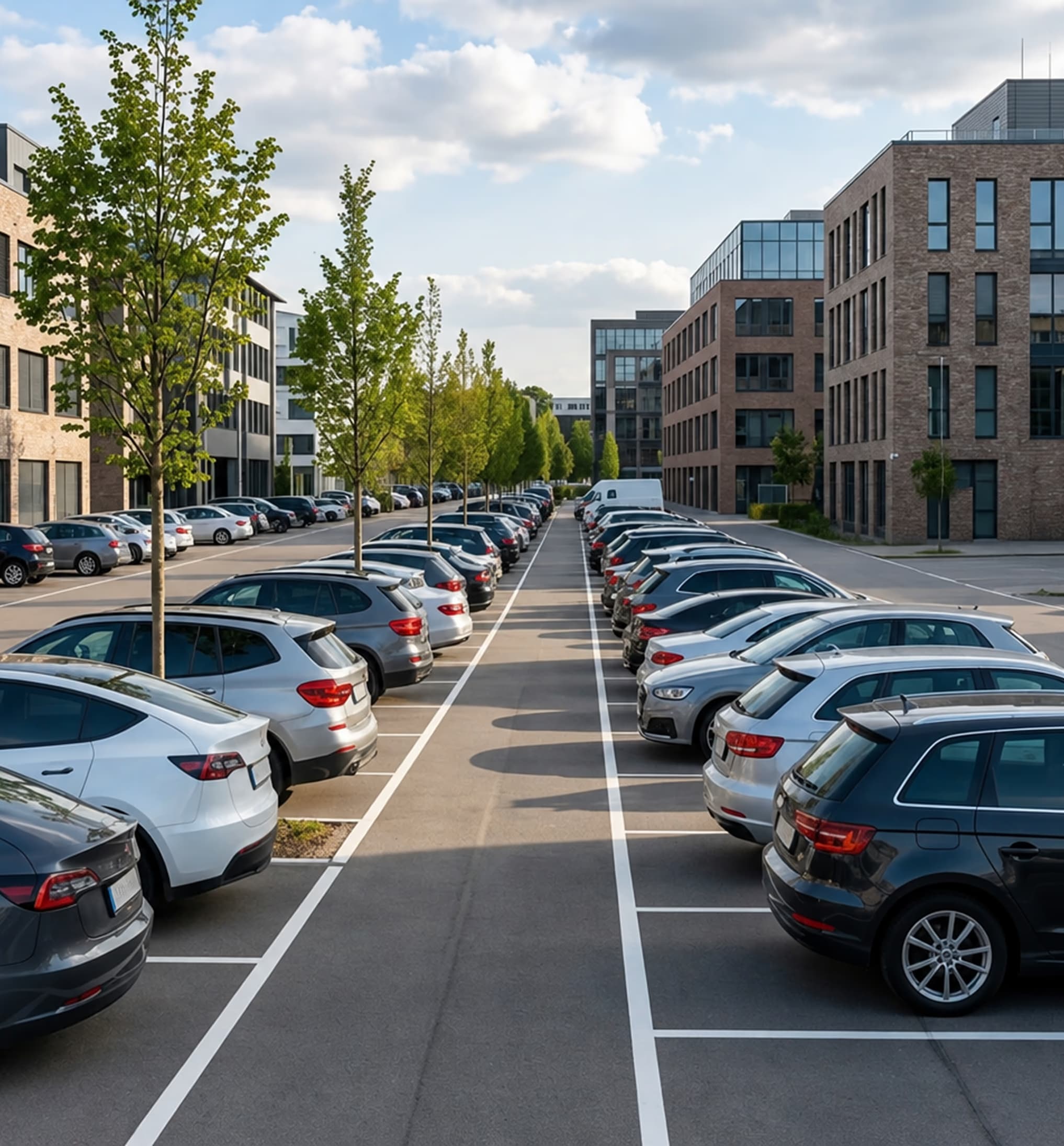 Firmenparkplatz mit parkierten Fahrzeugen entlang eines Bürogebäudes